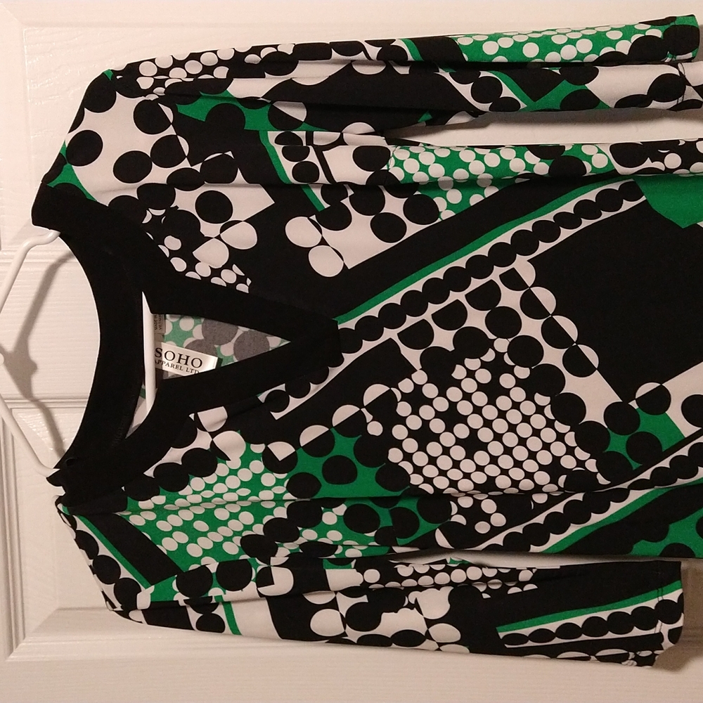 Soho Casual dress- 3/4 sleeve, medium, Black, white and green